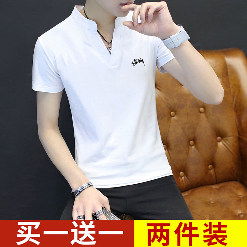 Men's Short Sleeve T-Shirt V-Neck Pure Cotton Slim Fit Ice Silk Half Sleeve T-Shirt Summer Men's Top Clothes White Bottoming Shirt