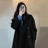 Черное длинное демисезонное небольшое шерстяное пальто, средней длины, подходит для подростков, свободный крой