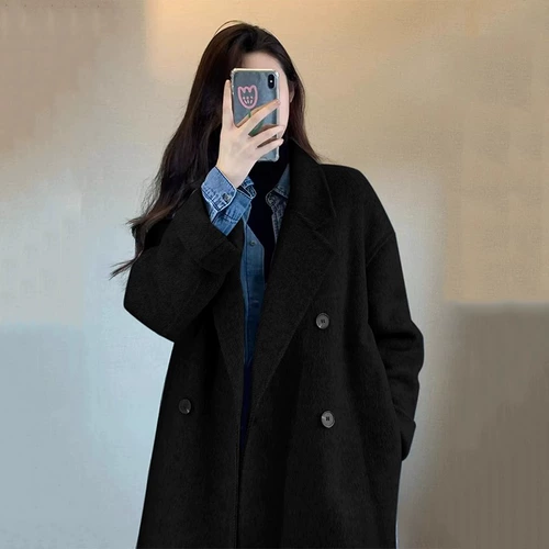 Черное длинное демисезонное небольшое шерстяное пальто, средней длины, подходит для подростков, свободный крой