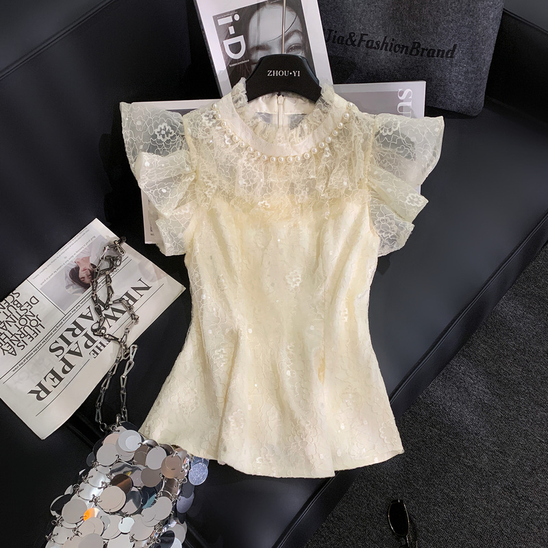 Zhouyi/Monday Socialite Style Lace Flutter Sleeve Top for Women with Pearl Bow, High-End and Beautiful Lace Blouse