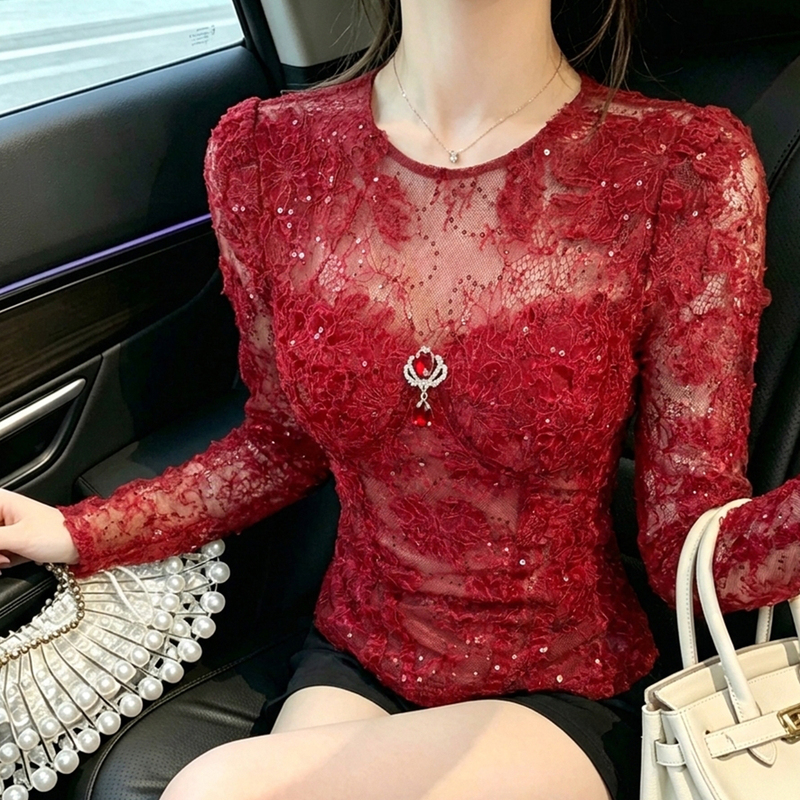Zhouyi/Monday High-End Red Sequin Lace Long-Sleeve Round-Neck Puff-Sleeve Waist-Slimming Top for Women