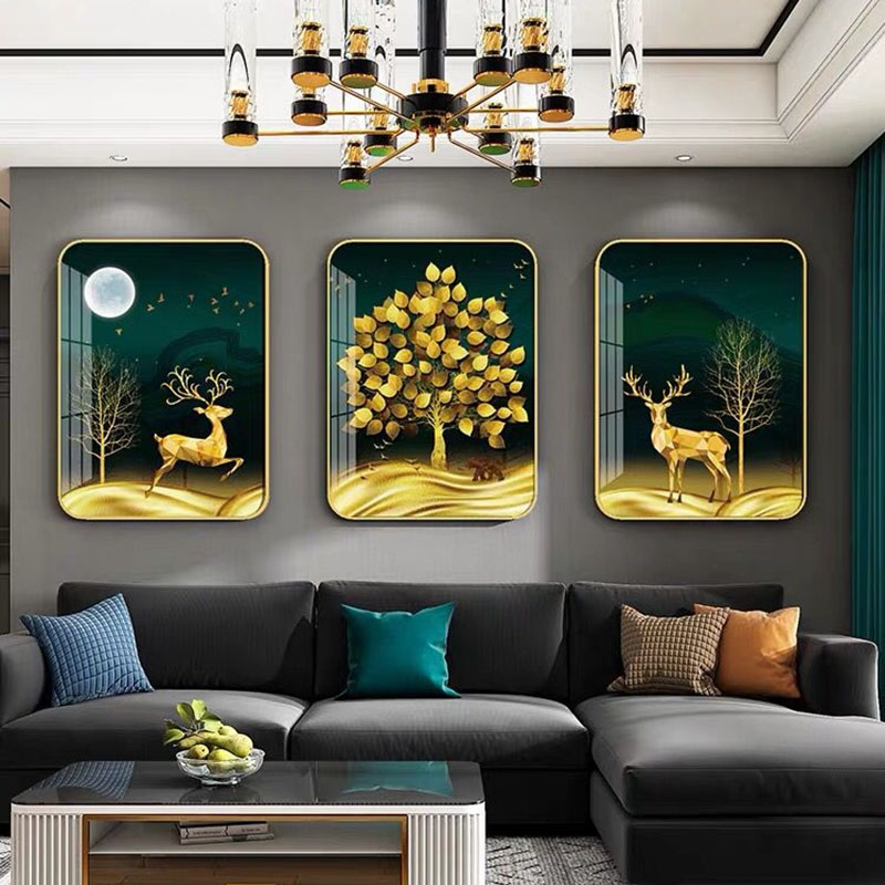 Nordic Living Room Decoration Painting Sofa Background Wall Hanging Painting Modern Minima Elk Deer Mural Light Lavish Atmospheric Crystal Porcelain Wall Painting