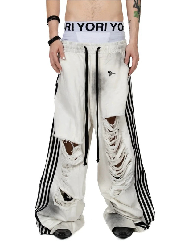 (in Stock) Yorisport25 Five-Stripe White Drawstring Y2K Loose Opium-Style Destroyed Wide-Leg Jeans