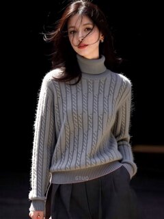 2025 winter new thickened and warm old money style turtleneck hemp pattern women's long-sleeved sweater sweater slim and slim