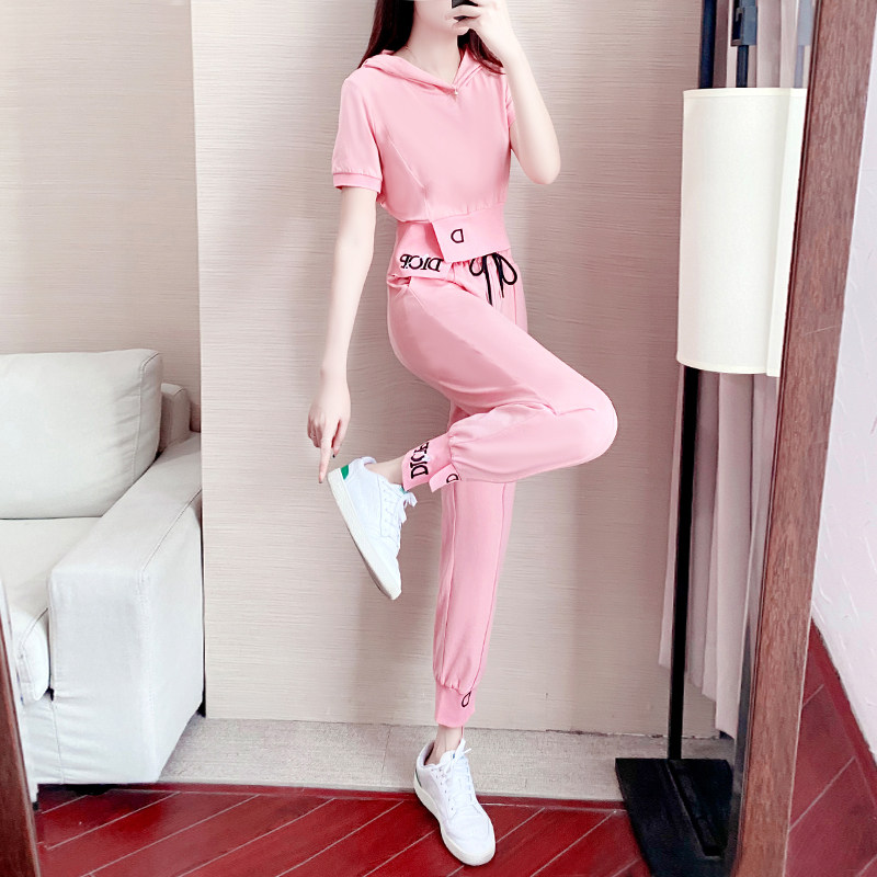 Sports Casual Suit Women Summer Thin 2021 New summer clothing Small sub-sweet pink Pink Minus two sets of damp