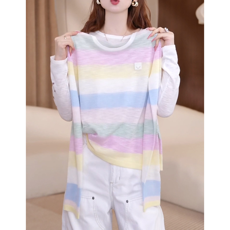 Korean Style Rainbow Striped Sun Protection Long-Sleeved T-Shirt for Women 2026 Summer New Thin Blouse Age-Reducing Round Neck Versatile Top