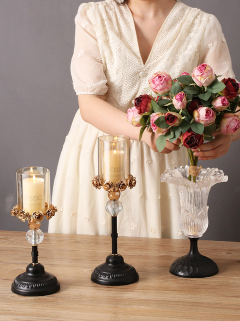 Light Luxury Ornaments, Antique-Style Metal Crystal Glass Rose Candle Holder, Tall European-Style Dining Table, Home Decoration Ornaments