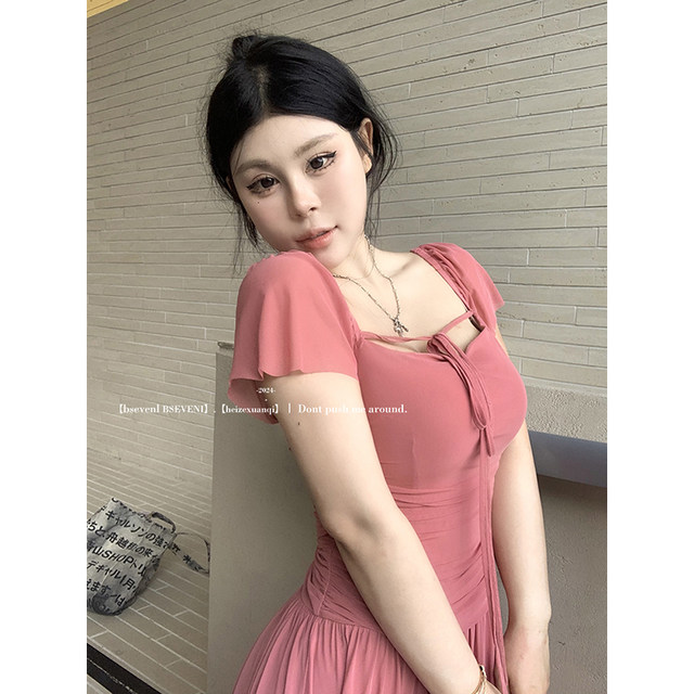 Kurosawa Genchi Dress 2024 Summer New Slightly Fat mm Waist Slimming Square Neck Puff Sleeve A-Line Long Skirt for Women