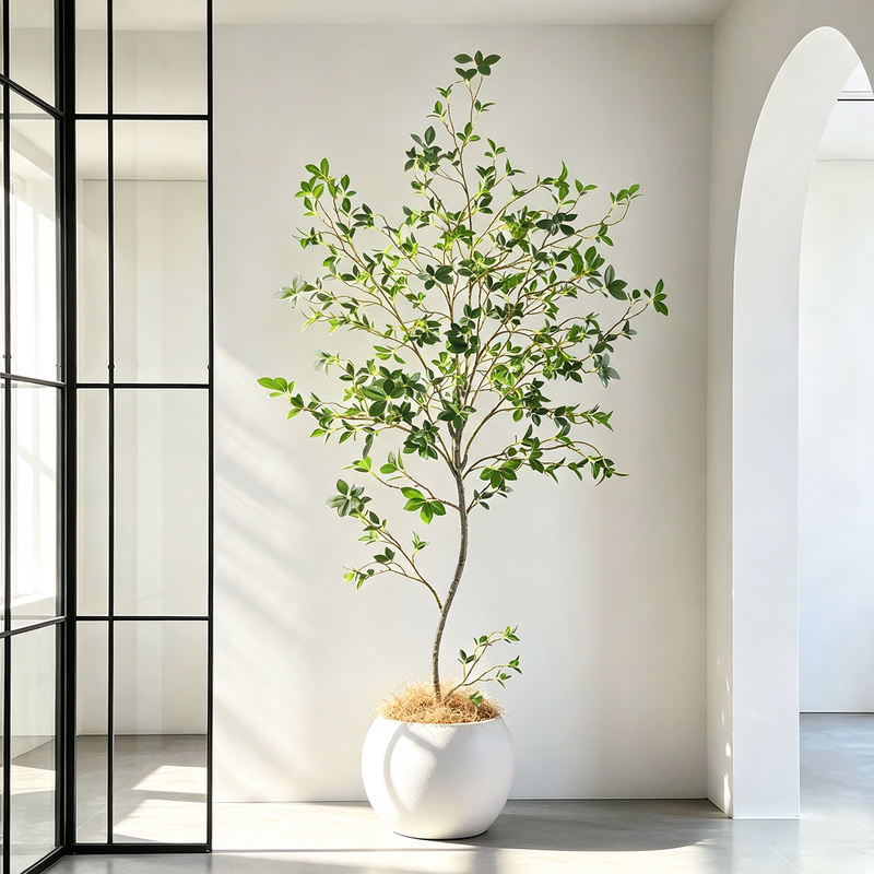 Artificial Green Plant Camellia Tree Large Potted Plant for Living Room Indoor Decoration and Landscaping, Light Luxury Faux Plant Floor-Standing Ornament