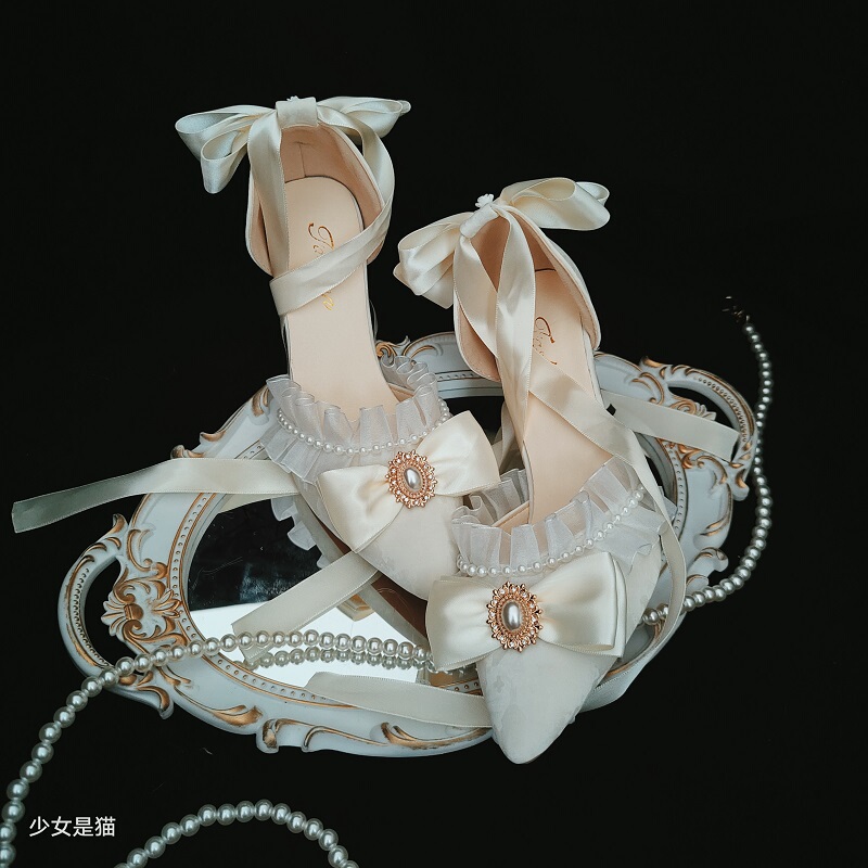 Original Handmade Lolita Shoes, Cla-Style Palace-Style High-Heeled Shoes with Straps, Tea Party French Elegant Single Shoes, Fula