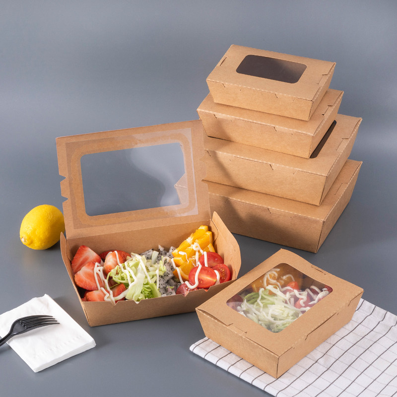 Kraft paper lunch box fruit salad carton with skylight window takeaway packaging box chicken fries box