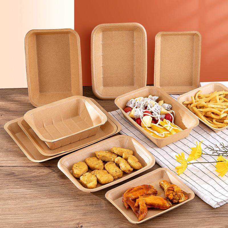 Kraft Paper Boat Box Disposable Lunch Box Snack Fruit Salad Paper Plate Fried Chicken Fries Snack Square Plate 100 Pieces