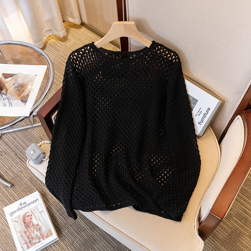 Plus-Size Women's 2026 Spring and Autumn New Black Hollow-Out Long-Sleeve Knit Top, Loose Fit to Cover the Belly, Outerwear Blouse