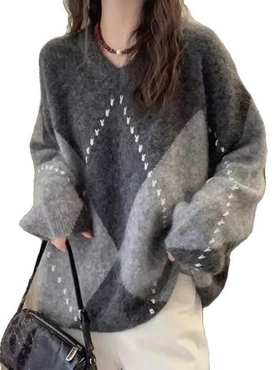 慵懒高级感灰色菱格毛衣女秋冬大码胖mm宽松软糯针织衫超好看上衣