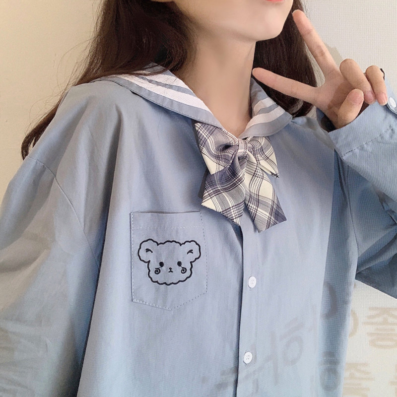 Navy Wind Blouse Women Jk Shirt Woman Spring Autumn Long Sleeve Doll Collar Shirt Woman Design Feel Little New 2020