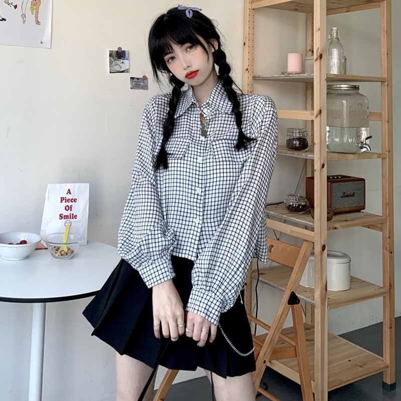 Plaid shirt women's short style small autumn long-sleeved shirt women's high waist all-match top 2020 new women's