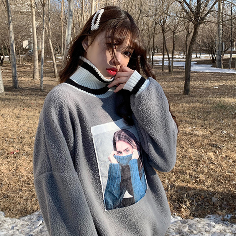 Gray fried street clothes female tide ins loose lazy wind Lamb hair coat high collar autumn winter 2020 new salt