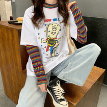 Spring fake two womens top long sleeve T-shirt womens thin striped sleeves splicing fake sleeves loose Korean students