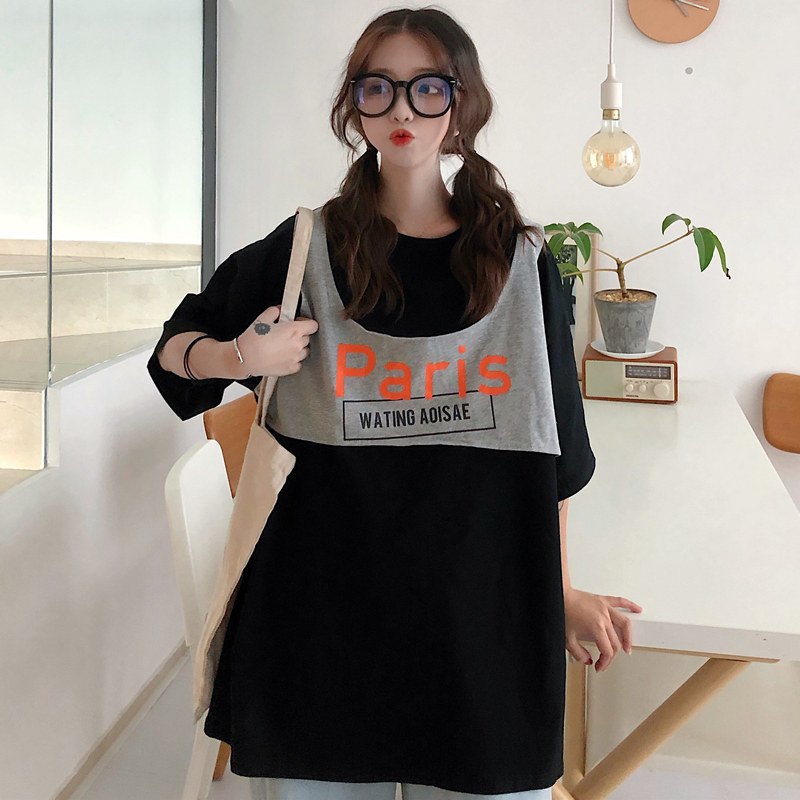 American T-shirt female short sleeve 2020 new female loose Korean version of summer half sleeve long version fake two blouses