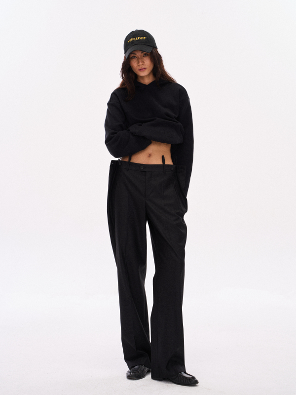 Buauu Double Waistband Design Trousers, Polished Finish Straight Wide-Leg Long Trousers Buauu Double Waistband Design Trousers, Polished Finish Straight Wide-Leg Long Trousers