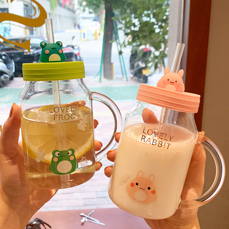 Glass straw cups with cover children cute large capacity ins wind high face value office water glass home breakfast cup