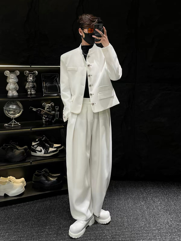 Light Luxury White New Chinese Style Stand-Up Collar White Shoulder-Padded Suit for Young Men, Loose Casual National Style Blazer Set Light Luxury White New Chinese Style Stand-Up Collar White Shoulder-Padded Suit for Young Men, Loose Casual National Style Blazer Set