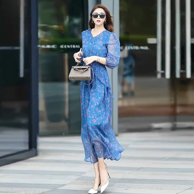 European goods plus size 2022 summer new French retro high-quality temperament casual waist chiffon floral dress