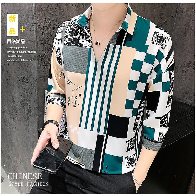 Summer Internet Celebrity Very Fairy Plaid Shirt Men's Short-Sleeved T-Shirt V Neck Chiffon Ice Silk Mid-Sleeve Shirt Men's Korean