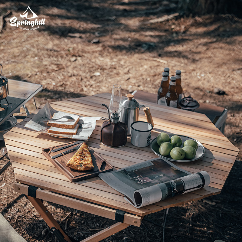 Springhill outdoor solid wood octagonal egg roll table Camping folding table Portable courtyard barbecue picnic self-driving table