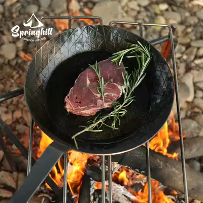 SPRINGHIL CAST IRON HANDMADE IRON POT LONG HANDLE UNCOATED FLAT BOTTOM PORTABLE OUTDOOR COOKWARE CAMPING POT STEAK POT