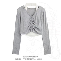 Large size womens clothing fat sister pure desire sweet and spicy style short hanging neck vest long-sleeved T-shirt top two-piece female early spring