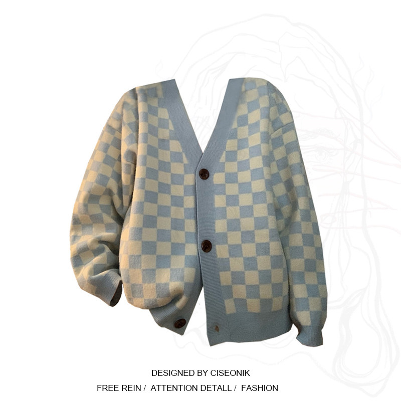 Large size Size Fat Sister Retro Design Sense Chessboard vest jacket 2021 Han version Lazy Wind V Collar Knit Cardigan