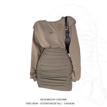 Big Code Women Dress Fat Sister Port Taste Sweater Dress Woman Early Fall Close-up Waist Tight Fold Hot Girl Bag Hip Short Skirt