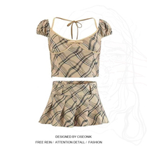 Plus Size Women Fat Sister 2021 Summer Beauty Vintage Plaid Print Top Spice Girls Short Dress Two Piece Set