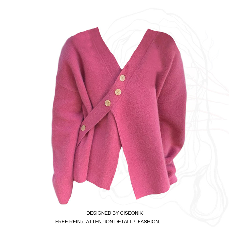 Large-yard fat sister design niche lazy wind V-collar sweater sweater autumn and winter loose Korean coat