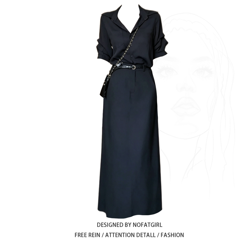 Plus-Size French-Style Commuter Shirt Dress for Women, Summer Waist-Cinching A-Line Skirt, Elegant and Age-Reducing Long Dress