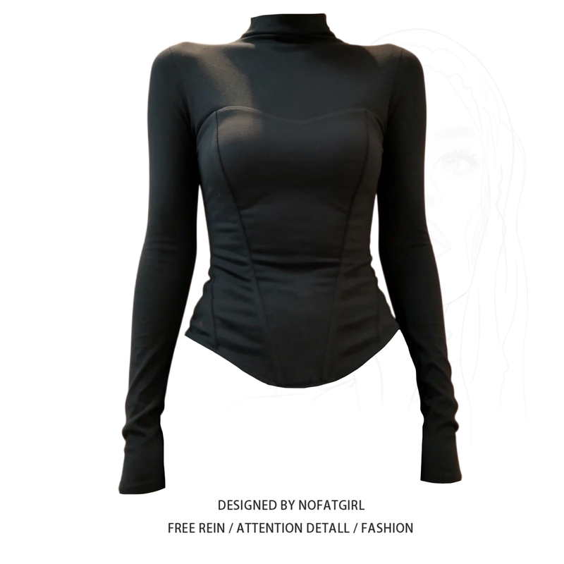 Plus-Size Korean-Style Black High-Neck Long-Sleeve T-Shirt for Women, Elegant Slim-Fit Corset Top
