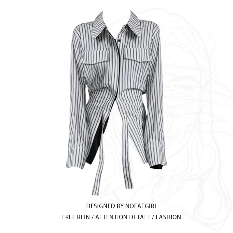 Plus-Size Korean-Style Polo Collar Striped Shirt for Women, New Autumn Design with Waist-Cinching and Ribbon Details, Unique and Trendy Shirt