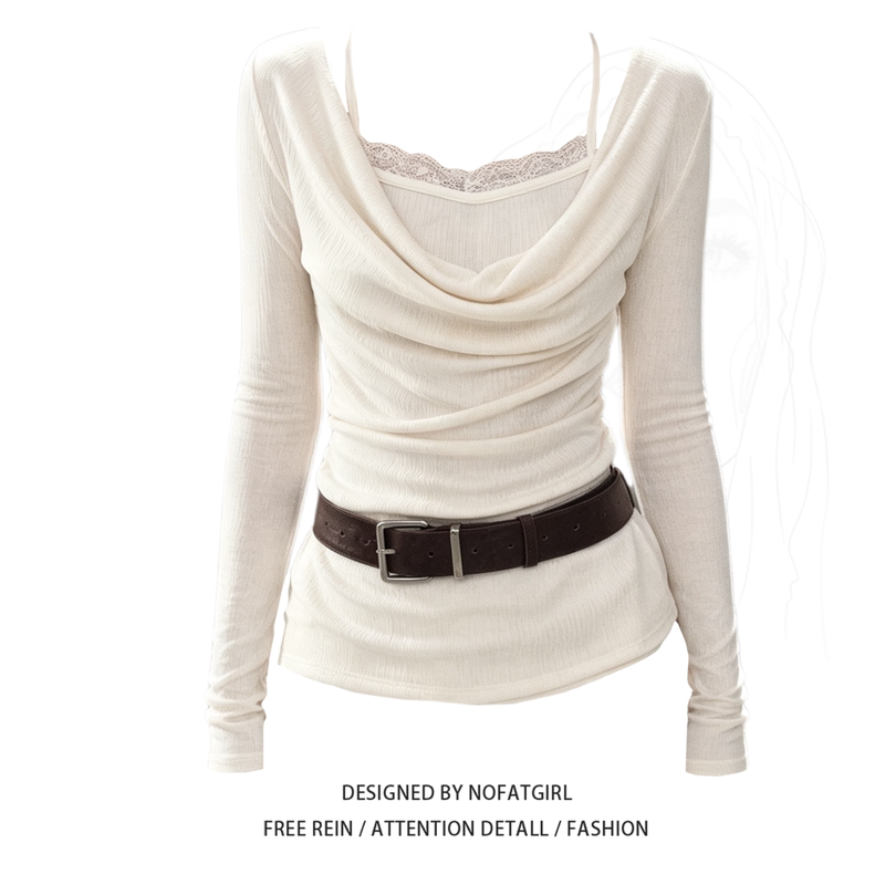 Plus-Size Korean-Style Mock Two-Piece Long-Sleeve T-Shirt for Women, Early Autumn New Slim-Fit Waist-Cinching Design Top