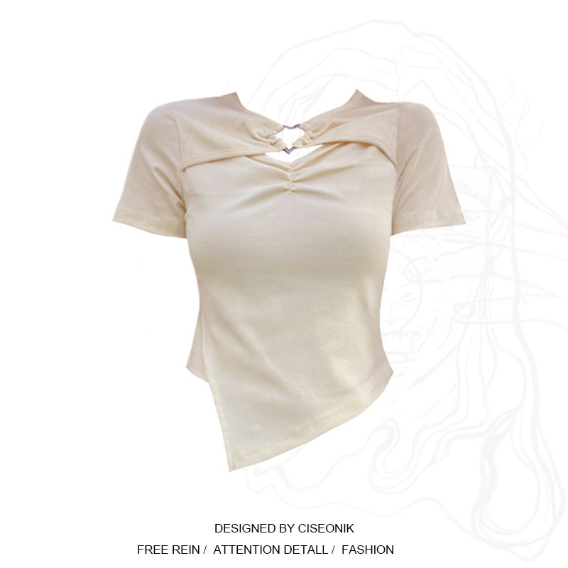 Large-yard fat MM short irregular locks to open fork tops purely design love hollow short sleeve t-shirt