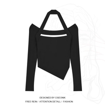 Big code woman with fat sister pure desire to wind up with shoulder-knitted sweatshirt blouse for women early autumn hanging neck short long sleeve T-shirt