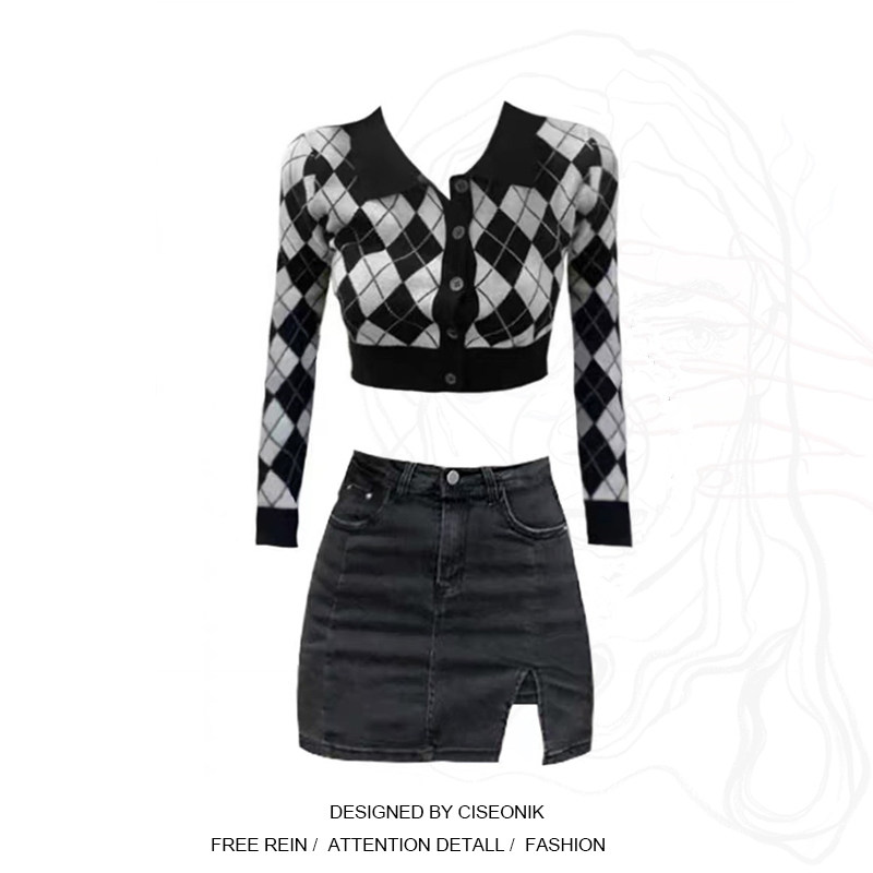 Large size women's fat sister American vintage long - sleeved cork short polo knife - shirt black half - body skirt suit