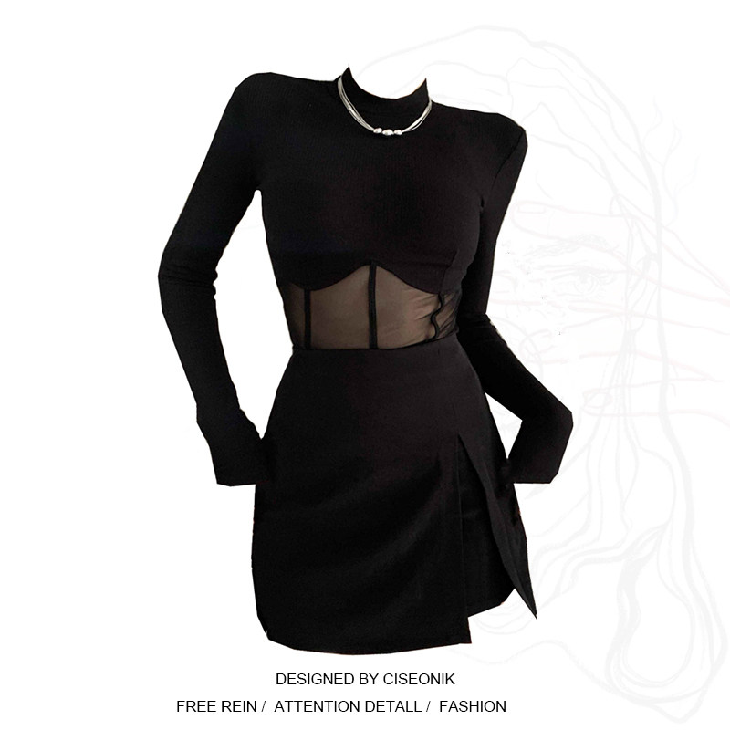 Big Code Fat Sister Sweet Spicy Wind Design Sensation Small Crowdblack Mesh Yarn Splicing Blouse High Waist Short Dress Hot Girl Suit 