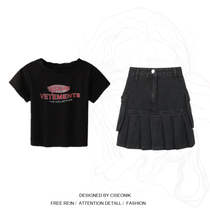 Fat girls wear summer plus size womens European and American style wooden ear short t-shirt denim skirt two-piece set