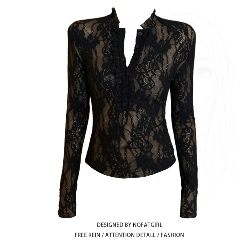Plus-Size Black Lace Embroidered Top for Women, Autumn Long-Sleeve Slim-Fit Elegant Blouse for Petite Urban Fashionistas Plus-Size Black Lace Embroidered Top for Women, Autumn Long-Sleeve Slim-Fit Elegant Blouse for Petite Urban Fashionistas