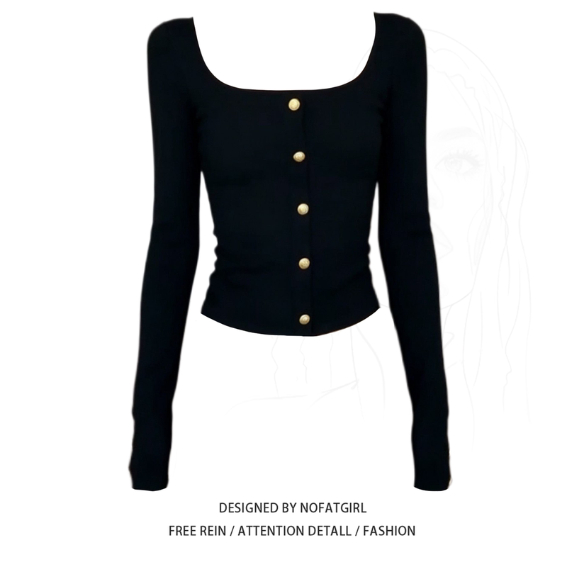 Plus-Size Fat Girl with High Intelligence, American-Style Sexy Girl, Square-Neck Button-Down Long-Sleeve T-Shirt, Beautiful and Stunning Top for the 2026 Autumn Season
