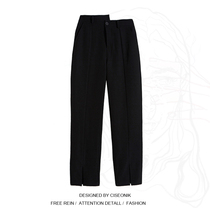 Large size spring new fat sister Black irregular high waist slim design split casual mop pants trousers women