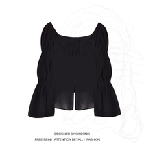 Big code woman with fat sister Bubbly Sleeves Bare Shoulder Shirt Woman early autumn French style black Slim Fit with two wearing blouses