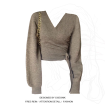 Large size fat mm Korean retro V-neck cross tie sweater womens autumn and winter new design sense niche short knitting