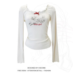 Plus size fat girl's sweet style bow rabbit print short top women's fungus long sleeve T-shirt bottoming shirt